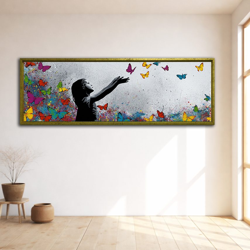 Girl Releasing Colorful Butterflies canvas wall art, gold floating frame