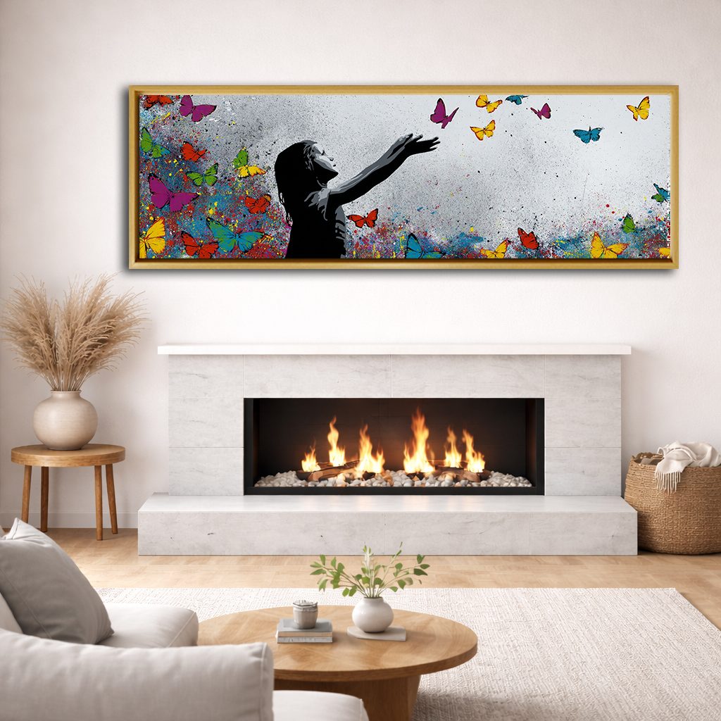 Girl Releasing Colorful Butterflies canvas wall art, natural wood floating frame