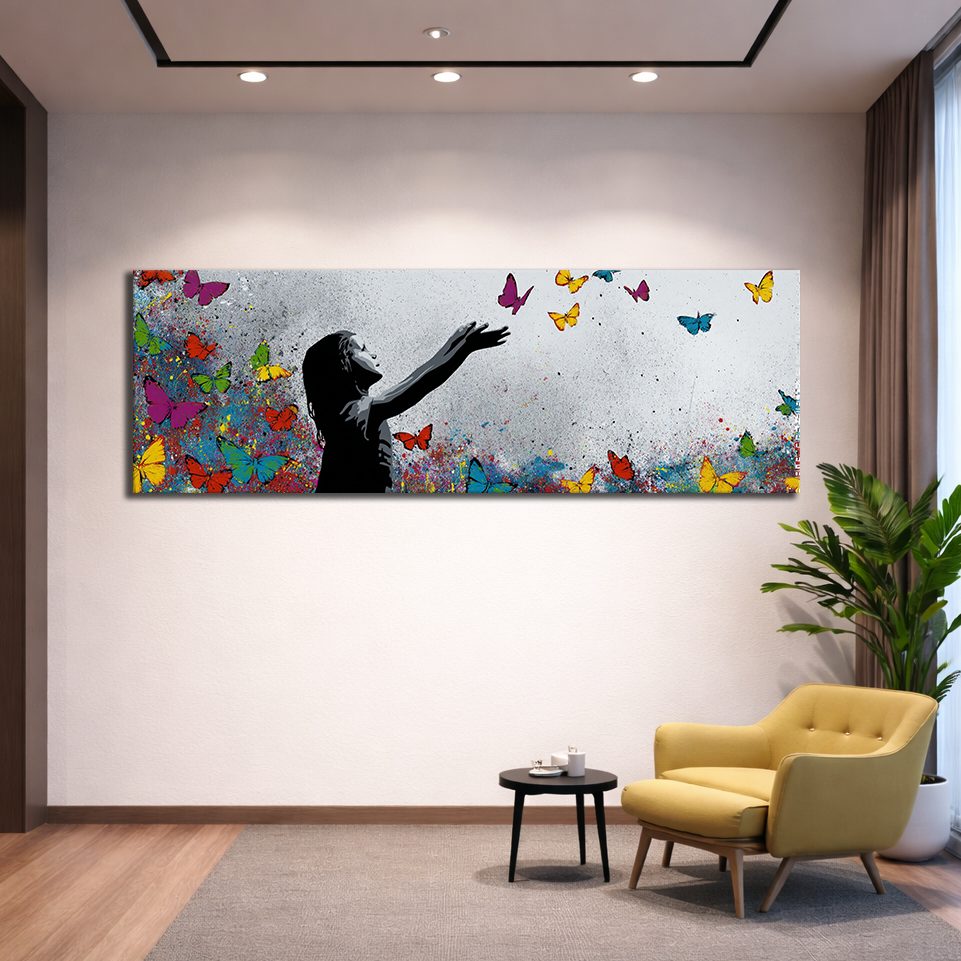 Girl Releasing Colorful Butterflies canvas wall art, unframed canvas