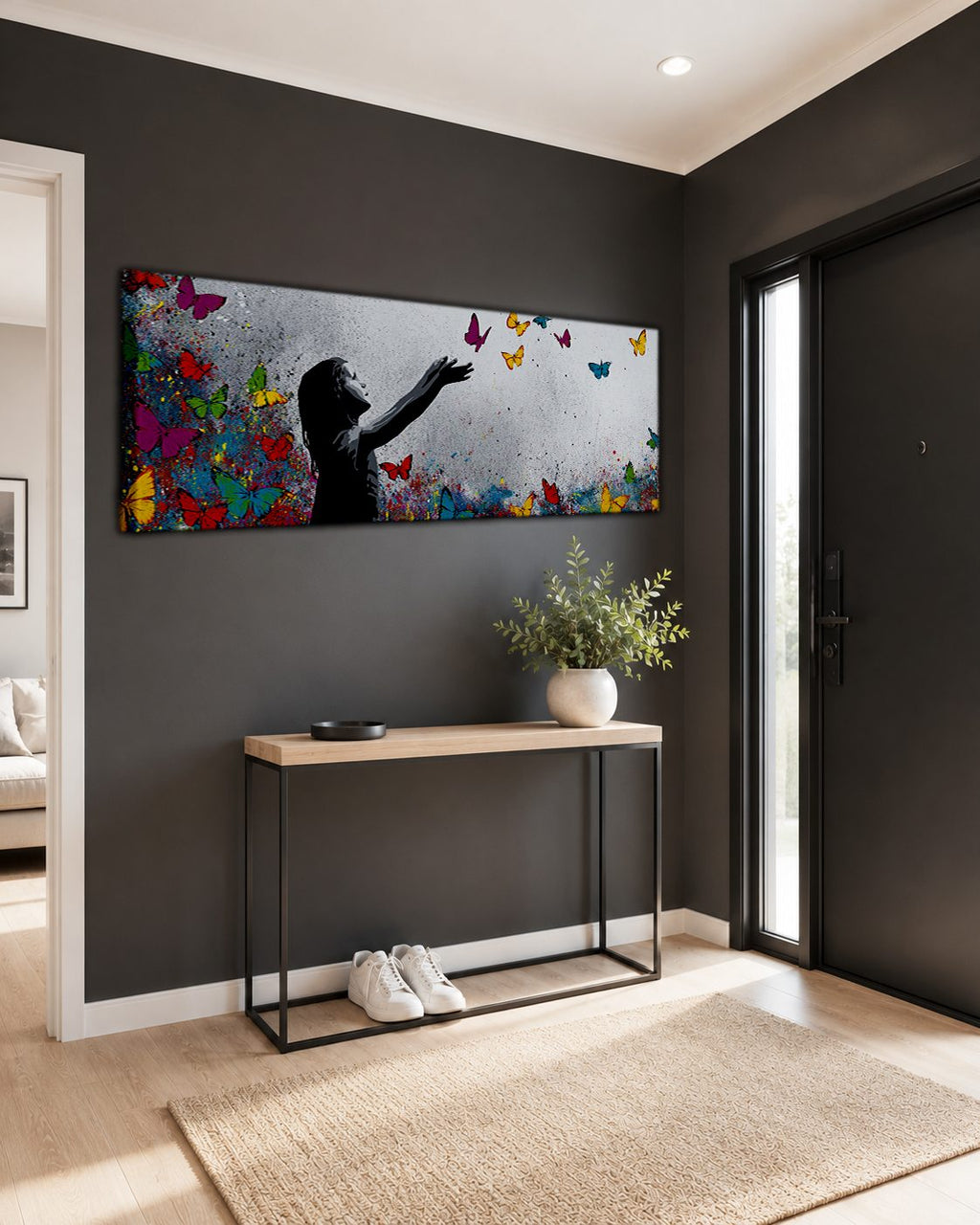 Girl Releasing Colorful Butterflies canvas wall art, unframed canvas