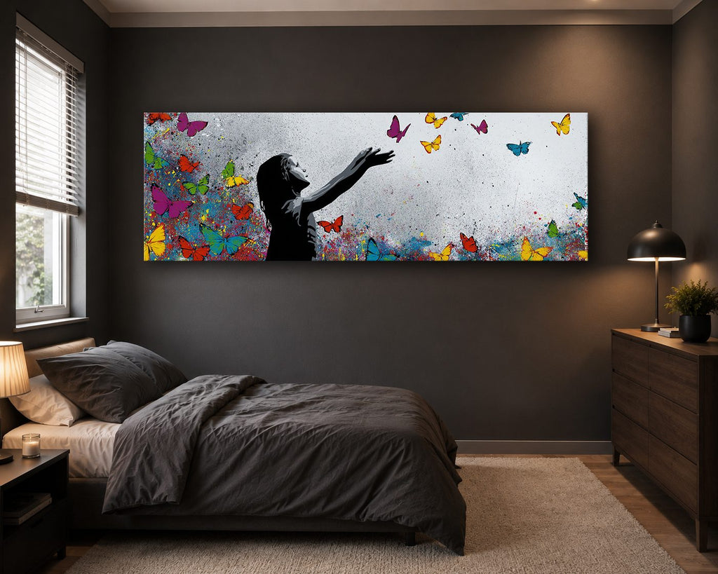 Girl Releasing Colorful Butterflies canvas wall art, unframed canvas
