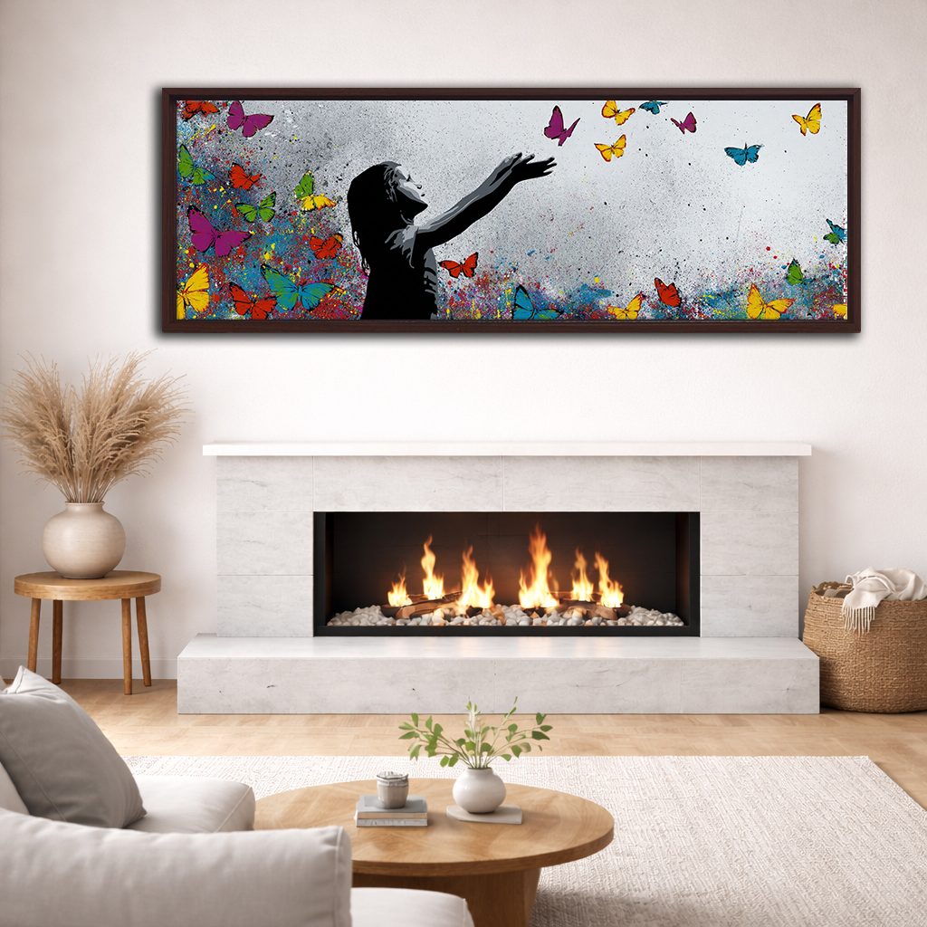 Girl Releasing Colorful Butterflies canvas wall art, walnut floating frame