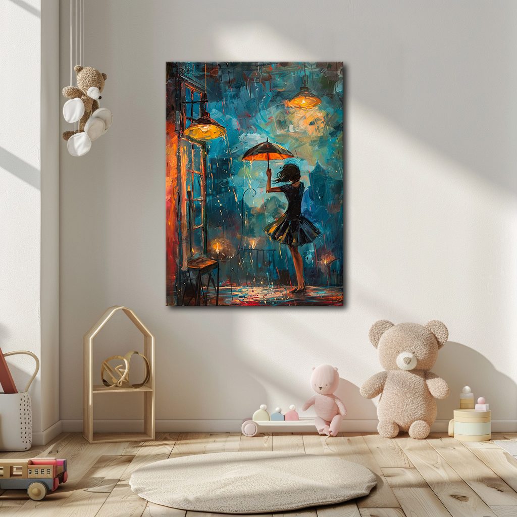 Girl with Umbrella in Rainy Night canvas wall art, unframed canvas