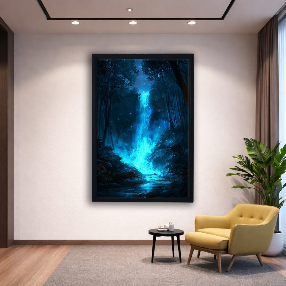 Glowing Blue Forest Waterfall canvas wall art, black floating frame
