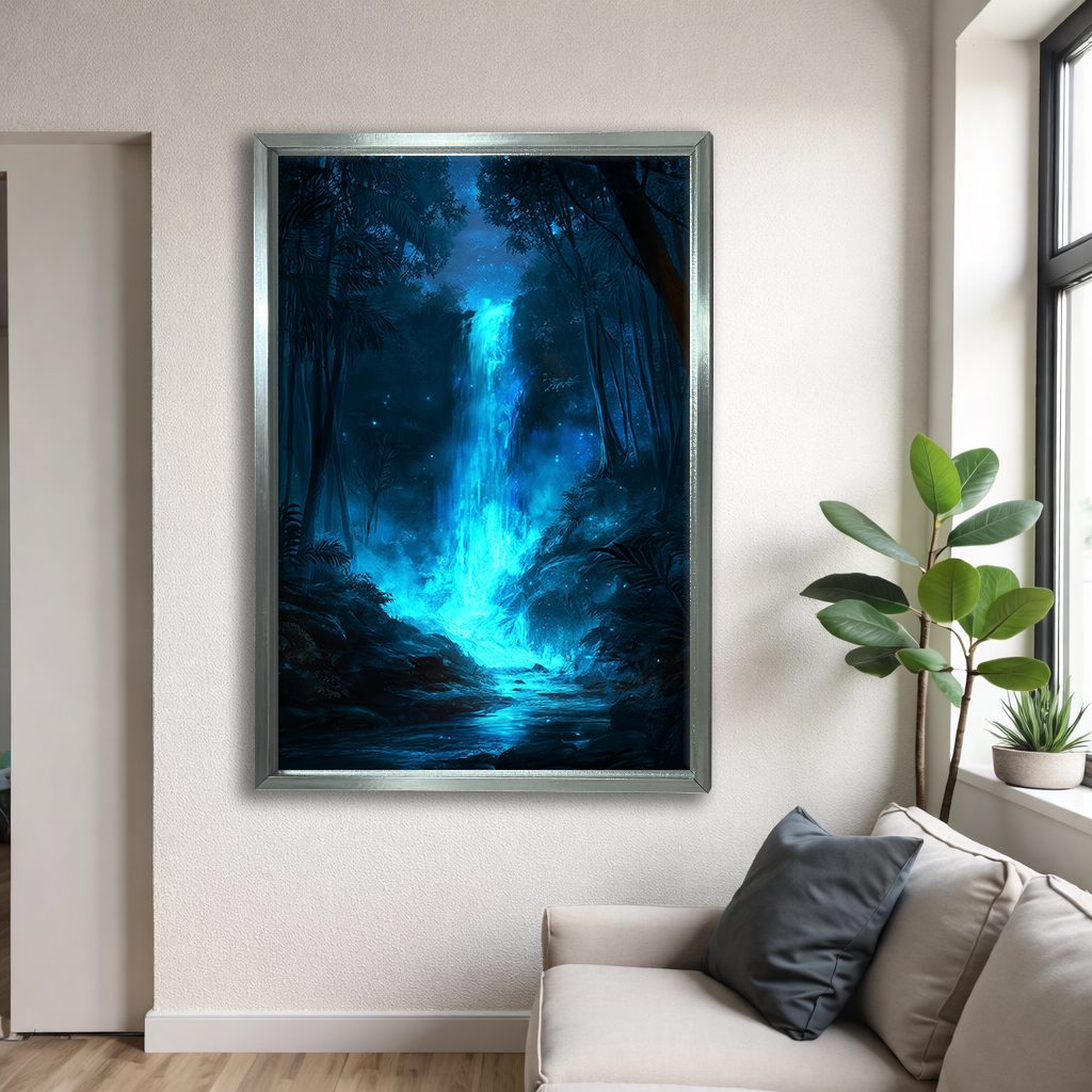 Glowing Blue Forest Waterfall canvas wall art, silver floating frame