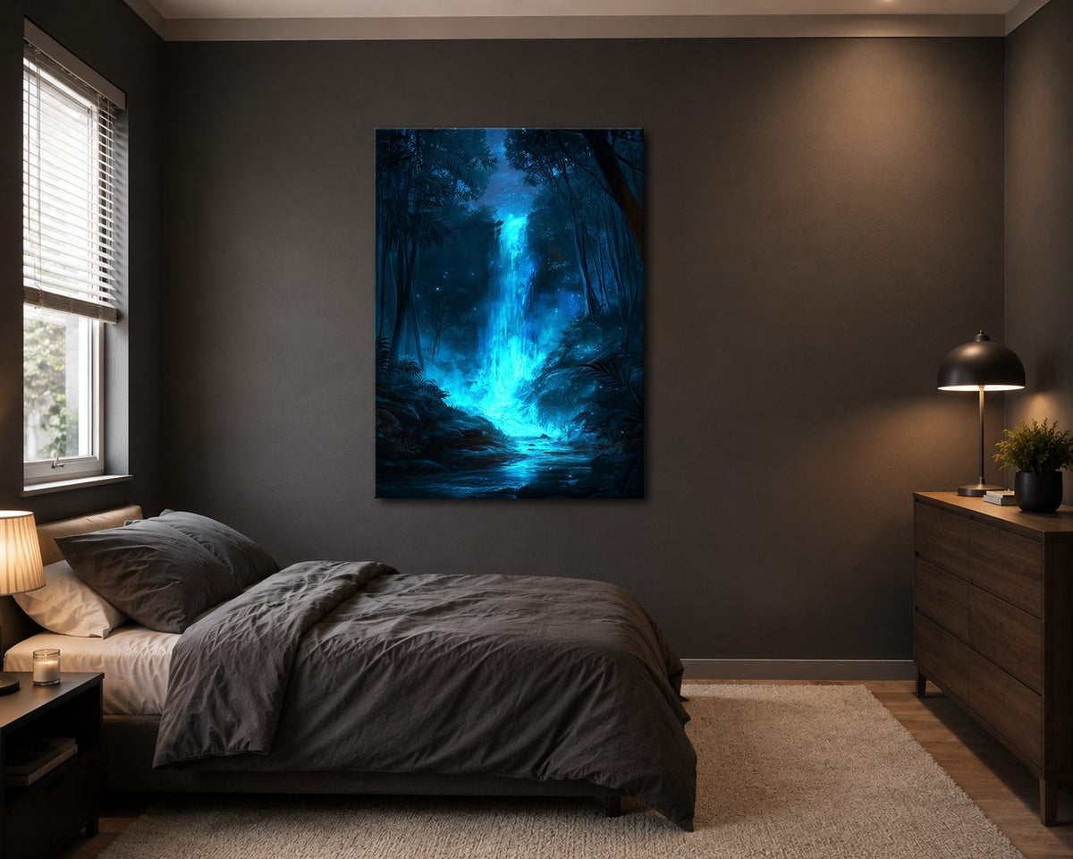 Glowing Blue Forest Waterfall canvas wall art, unframed canvas
