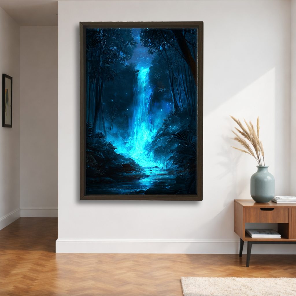 Glowing Blue Forest Waterfall canvas wall art, walnut floating frame