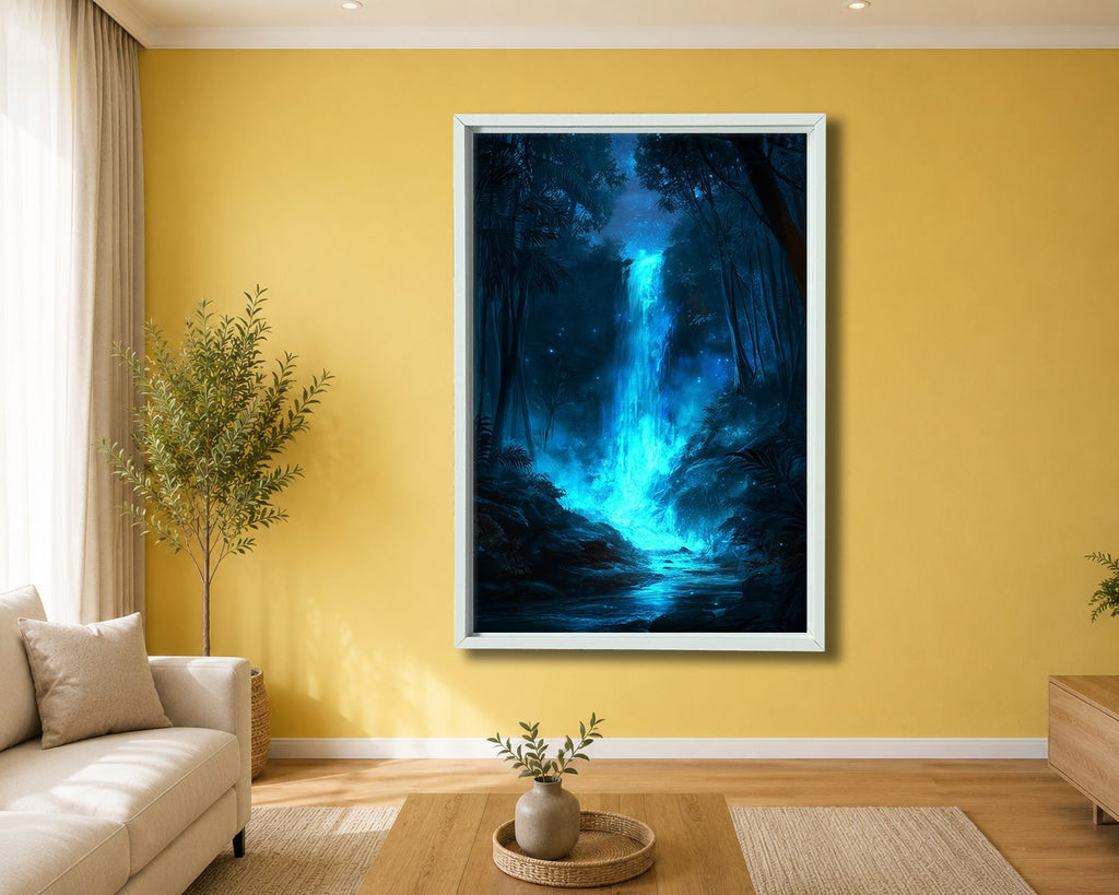 Glowing Blue Forest Waterfall canvas wall art, white floating frame