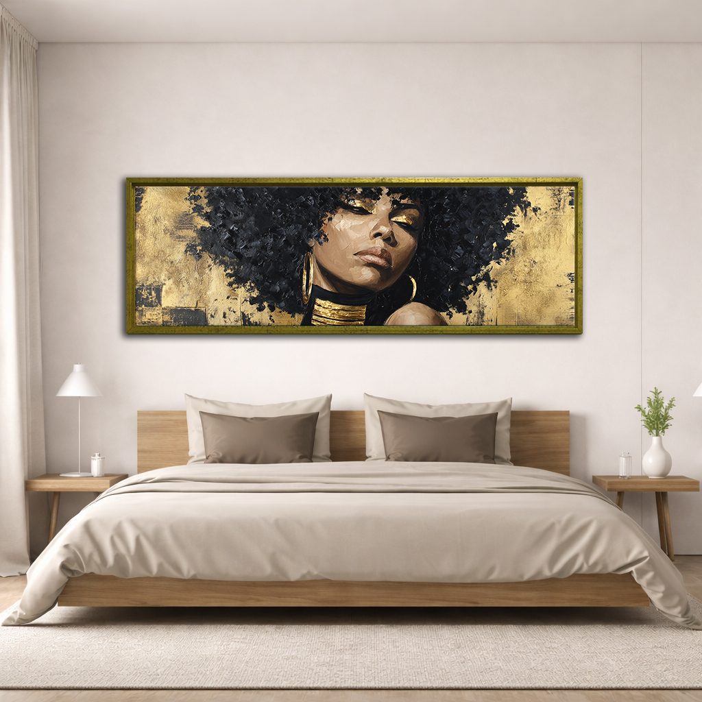 Gold Afro Woman Portrait canvas wall art, antique gold floating frame