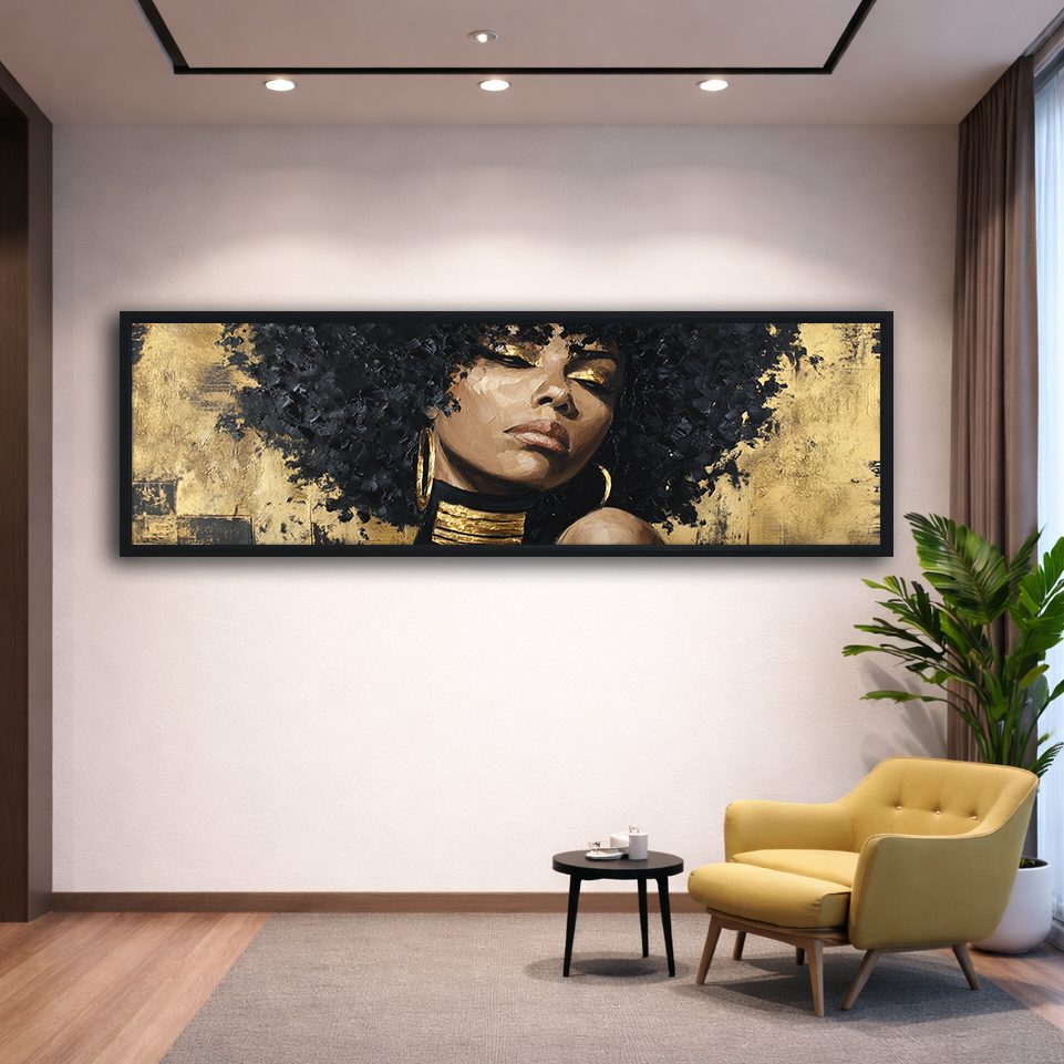 Gold Afro Woman Portrait canvas wall art, black floating frame