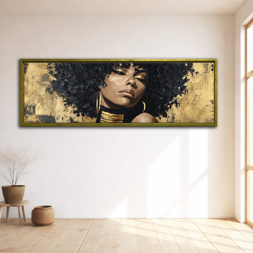Gold Afro Woman Portrait canvas wall art, gold floating frame