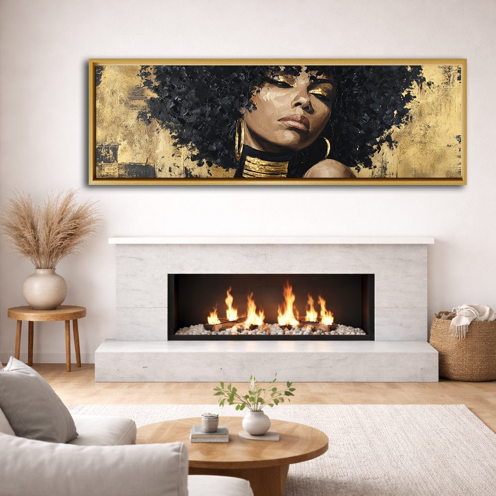 Gold Afro Woman Portrait canvas wall art, natural wood floating frame