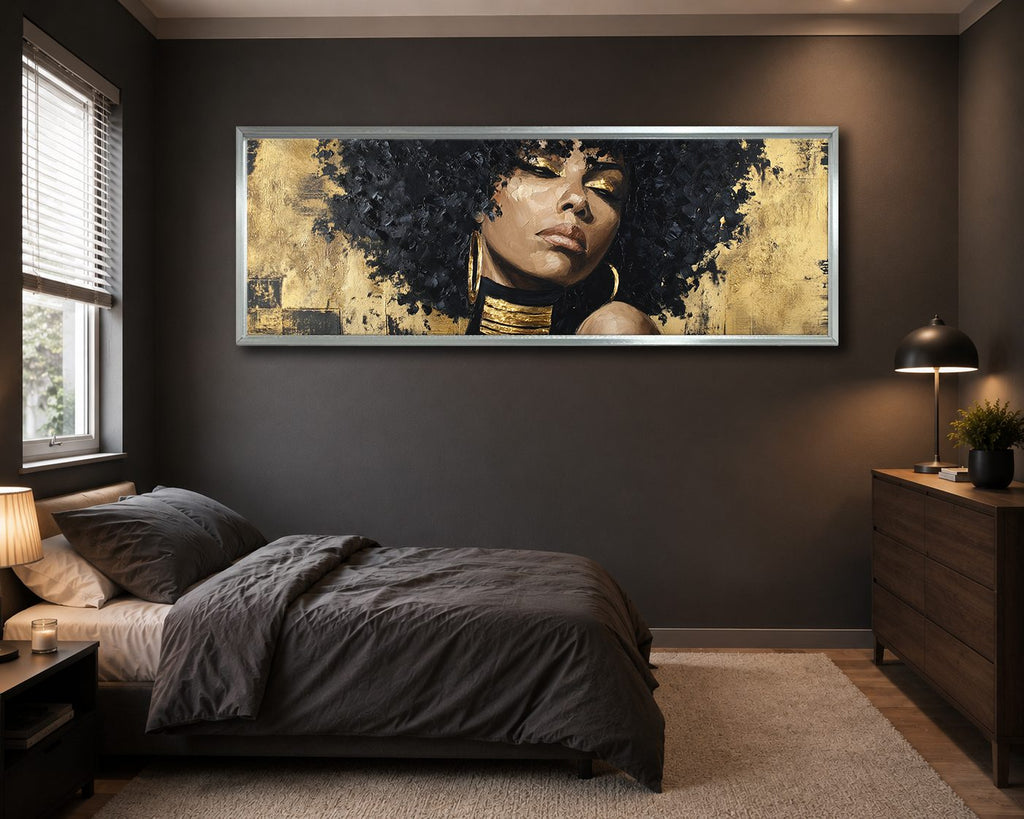 Gold Afro Woman Portrait canvas wall art, silver floating frame