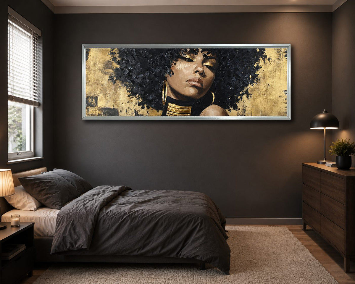 Gold Afro Woman Portrait canvas wall art, silver floating frame