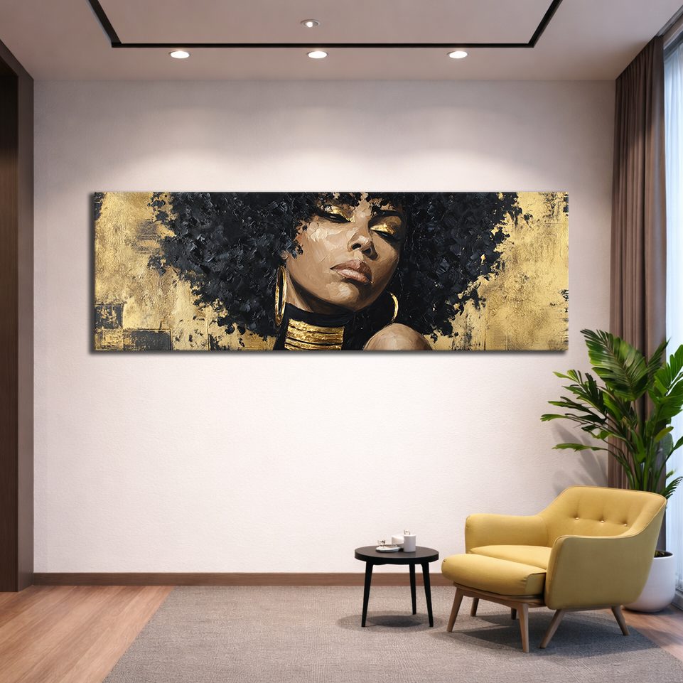 Gold Afro Woman Portrait canvas wall art, unframed canvas