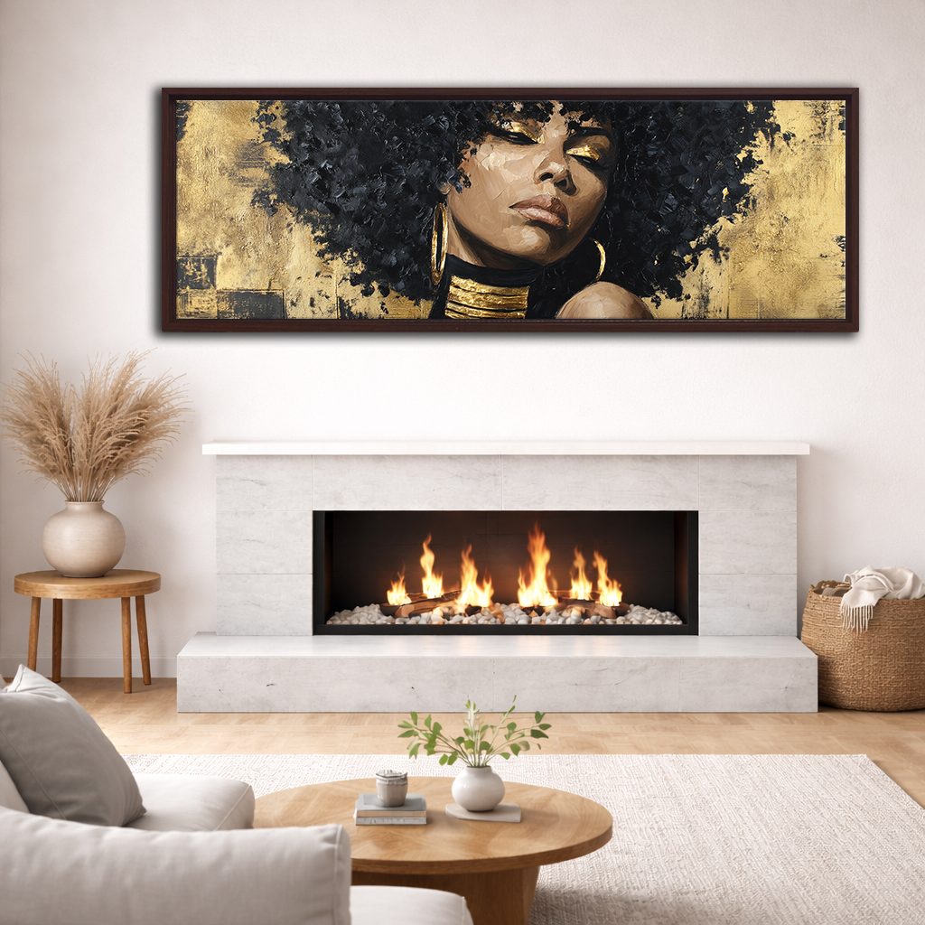 Gold Afro Woman Portrait canvas wall art, walnut floating frame