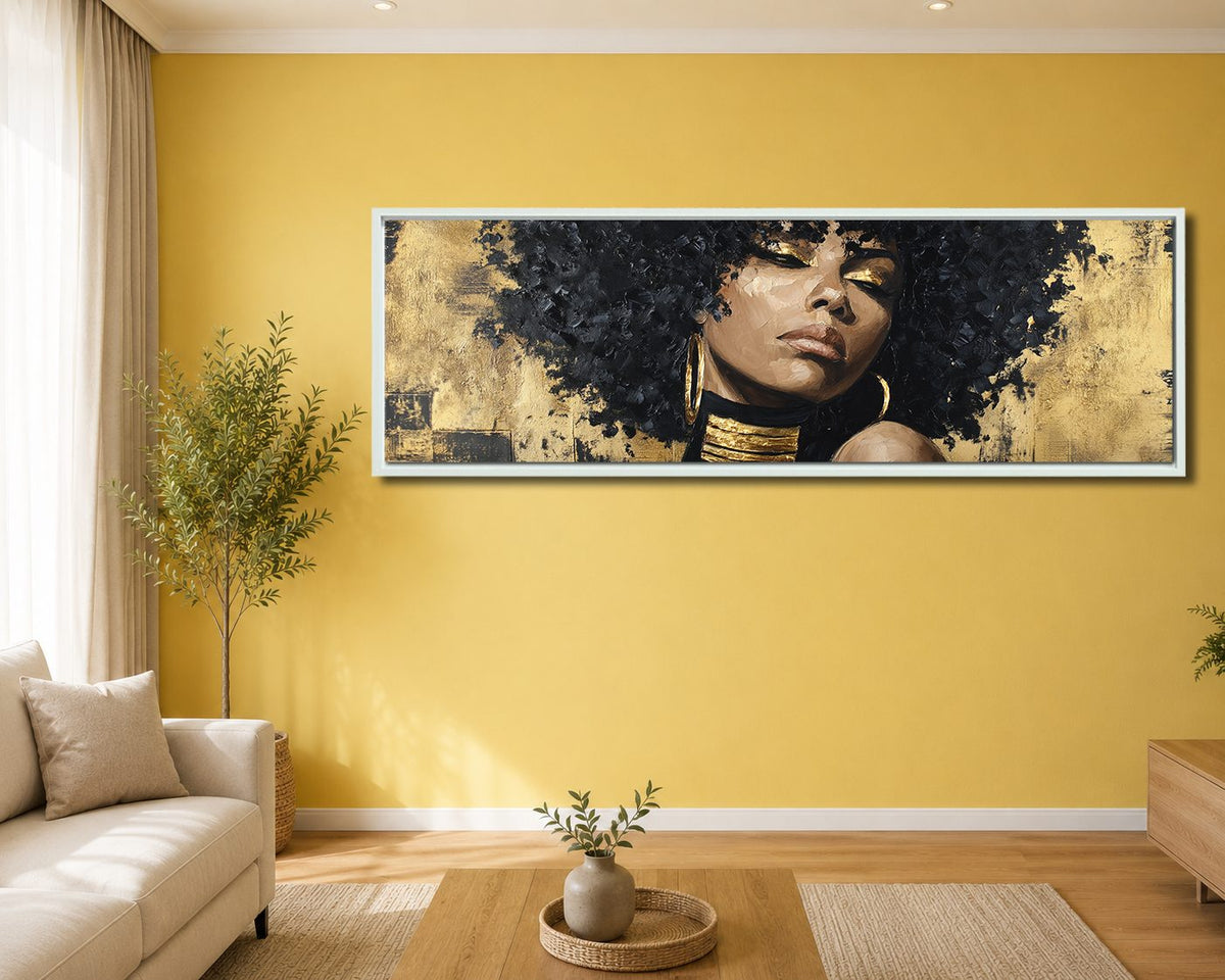 Gold Afro Woman Portrait canvas wall art, white floating frame