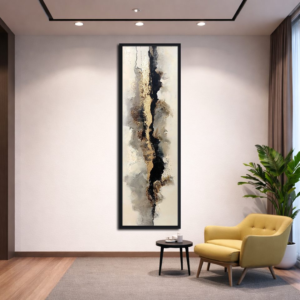 Gold and Black Neutral Abstract canvas wall art, black floating frame