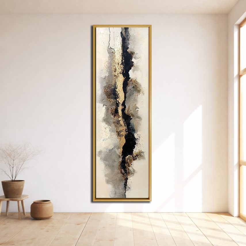 Gold and Black Neutral Abstract canvas wall art, natural wood floating frame
