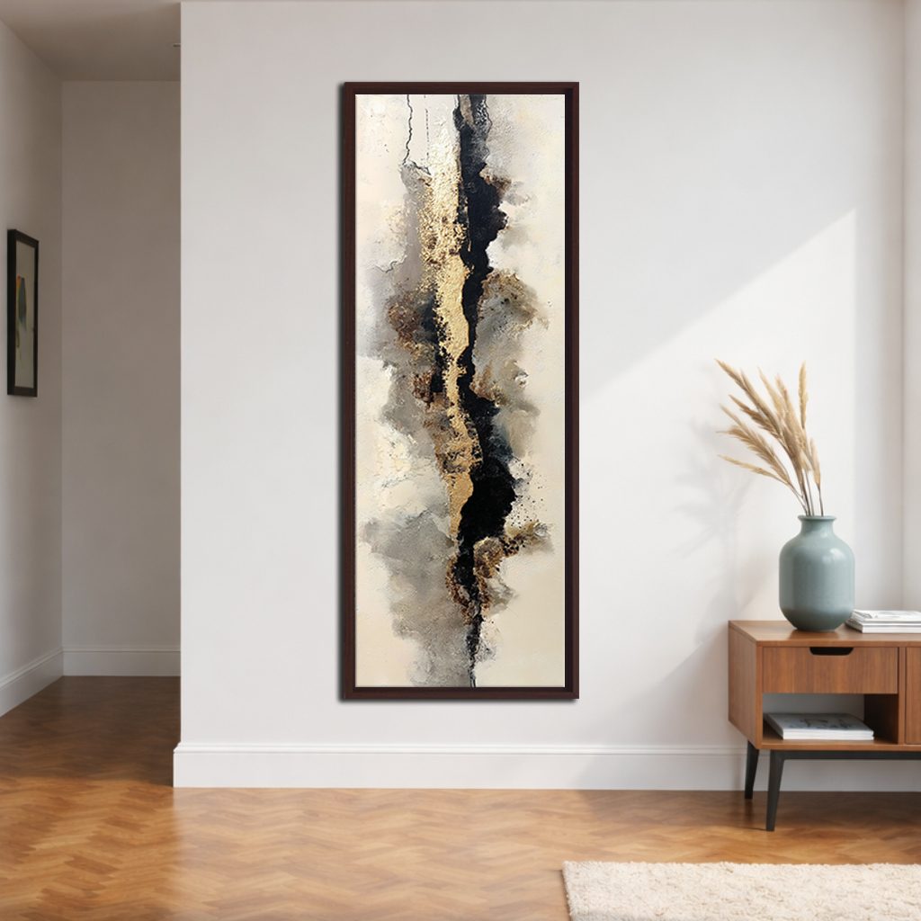 Gold and Black Neutral Abstract canvas wall art, walnut floating frame