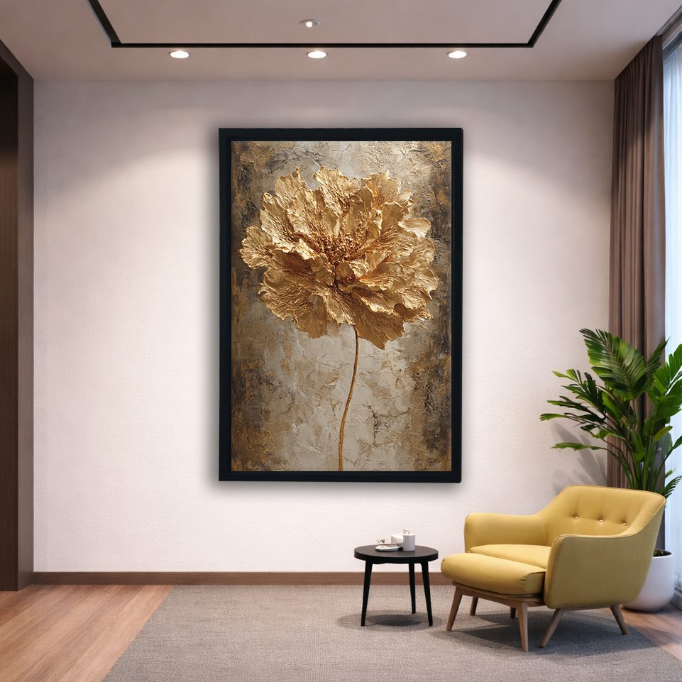 Gold Peony Flower Textured canvas wall art, black floating frame