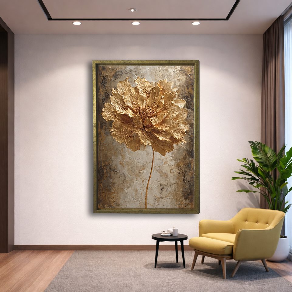 Gold Peony Flower Textured canvas wall art, gold floating frame