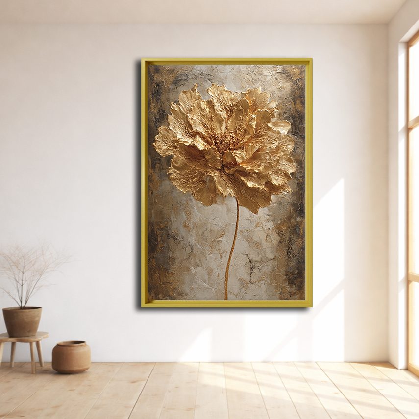 Gold Peony Flower Textured canvas wall art, natural wood floating frame