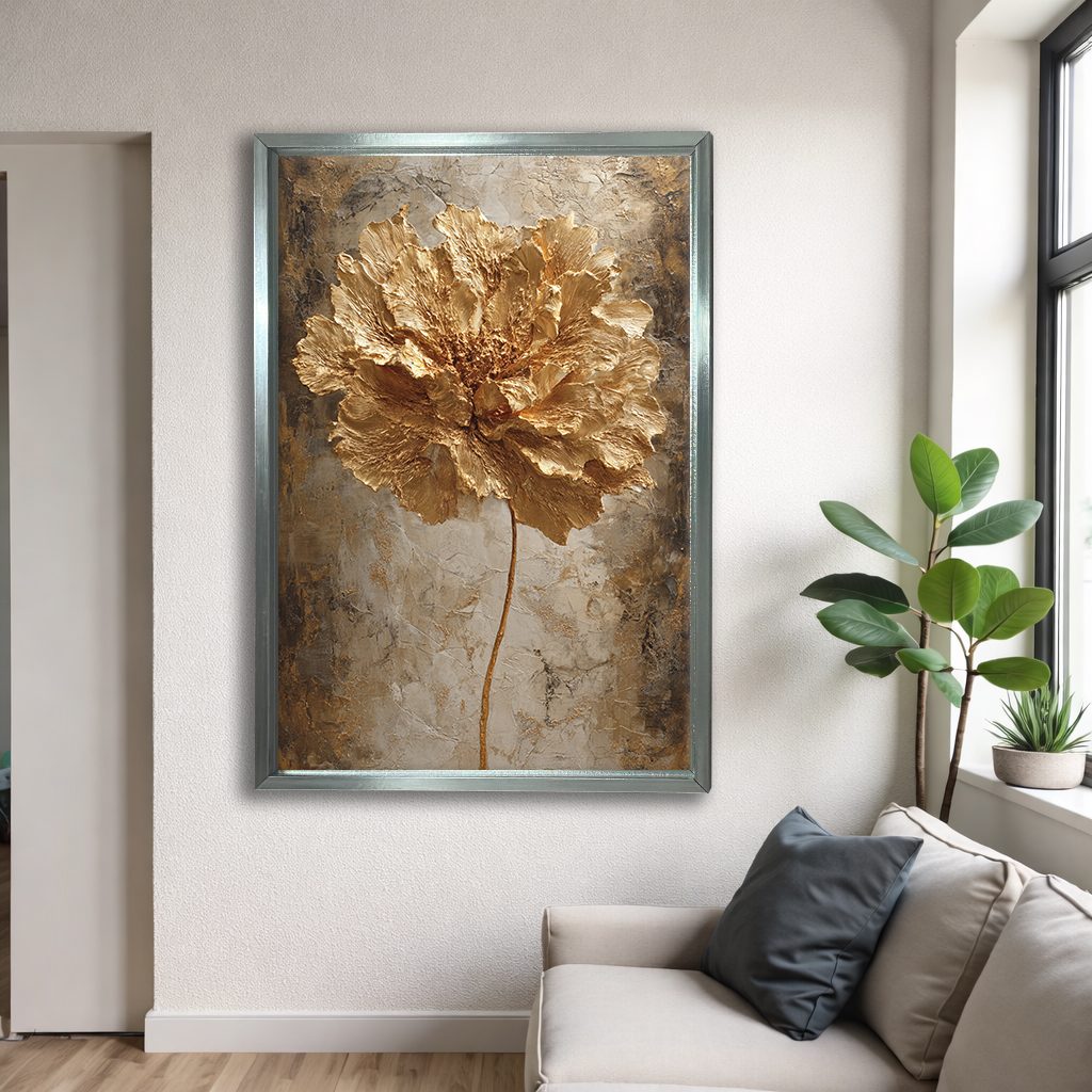 Gold Peony Flower Textured canvas wall art, silver floating frame