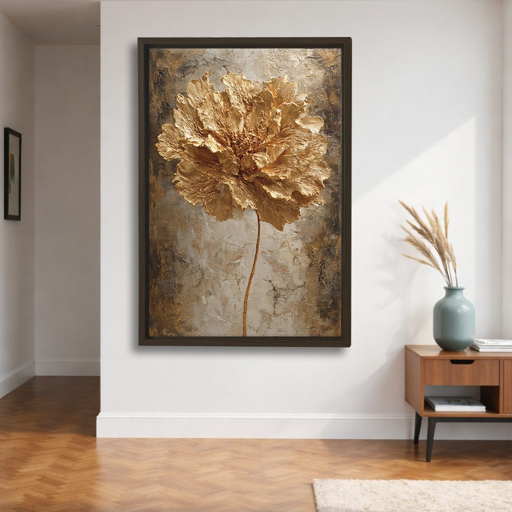 Gold Peony Flower Textured canvas wall art, walnut floating frame