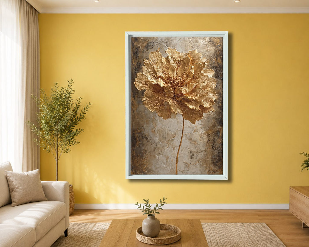 Gold Peony Flower Textured canvas wall art, white floating frame
