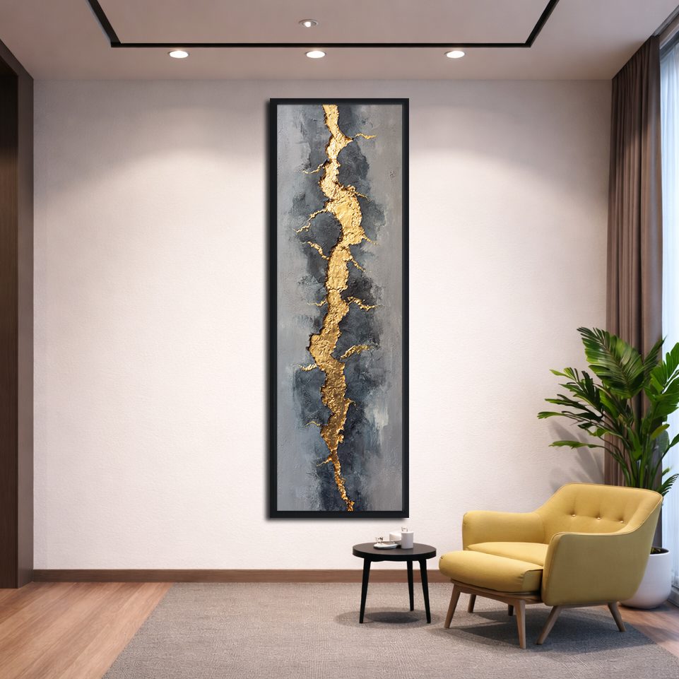 Gold Vein Kintsugi Abstract canvas wall art, black floating frame