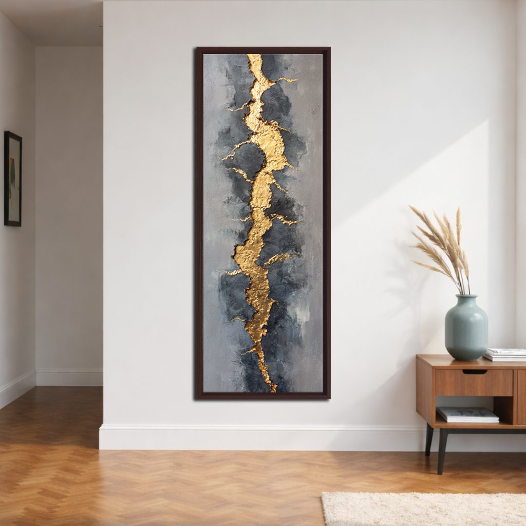 Gold Vein Kintsugi Abstract canvas wall art, walnut floating frame