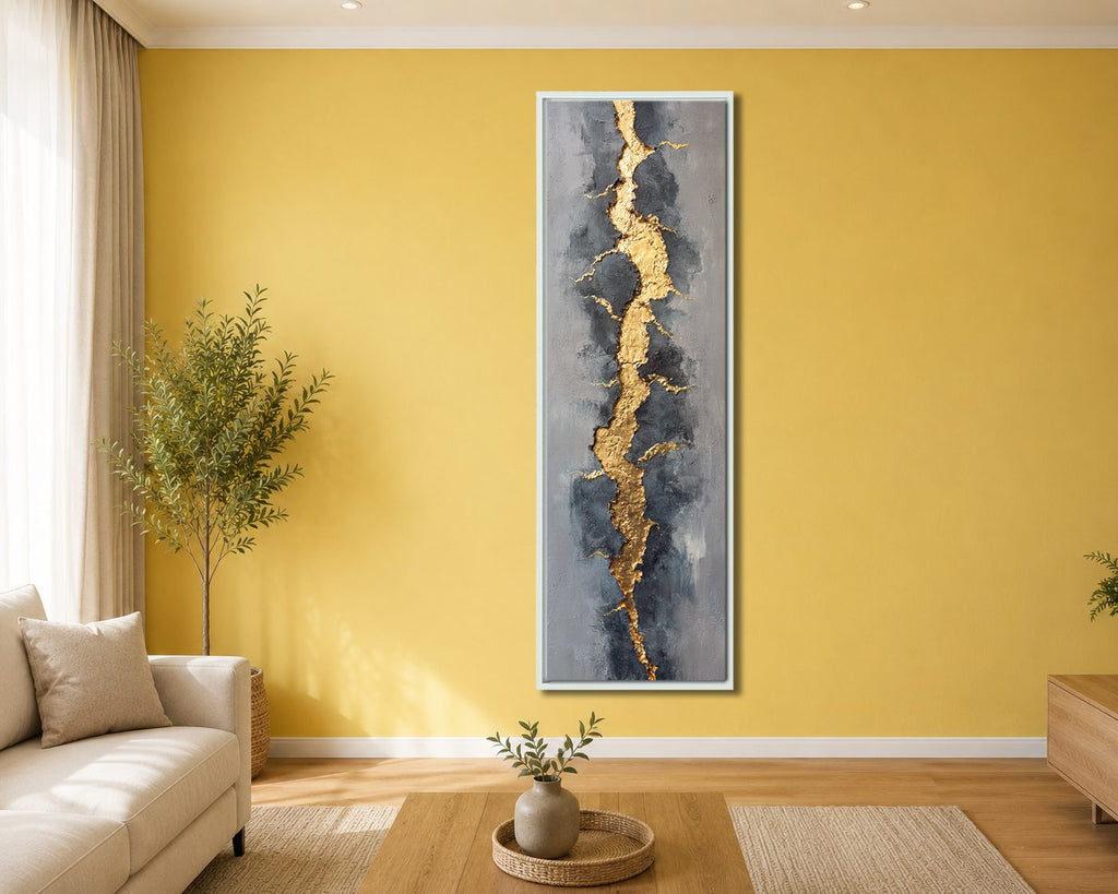 Gold Vein Kintsugi Abstract canvas wall art, white floating frame
