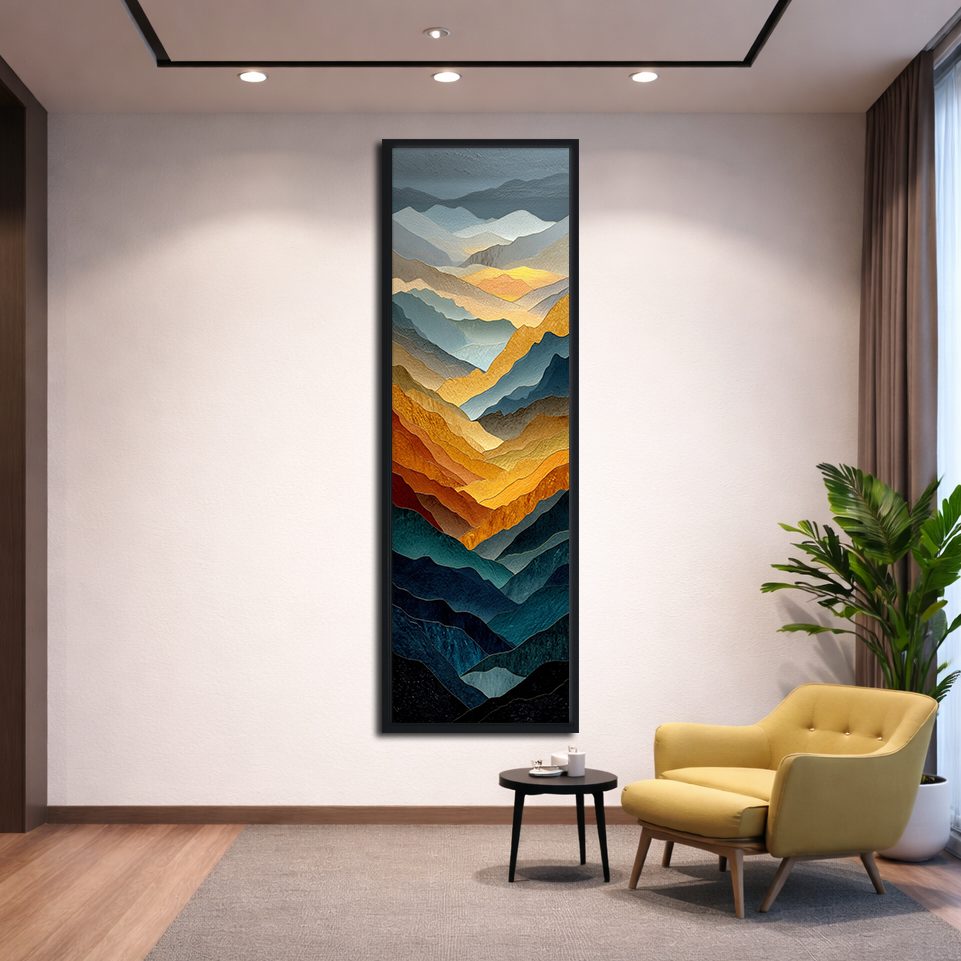 Golden and Blue Mountain Layers canvas wall art, black floating frame
