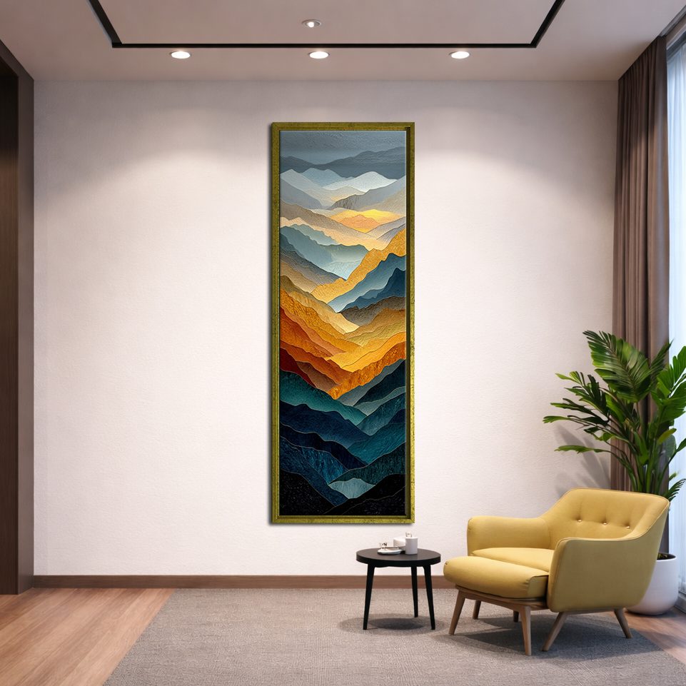 Golden and Blue Mountain Layers canvas wall art, gold floating frame