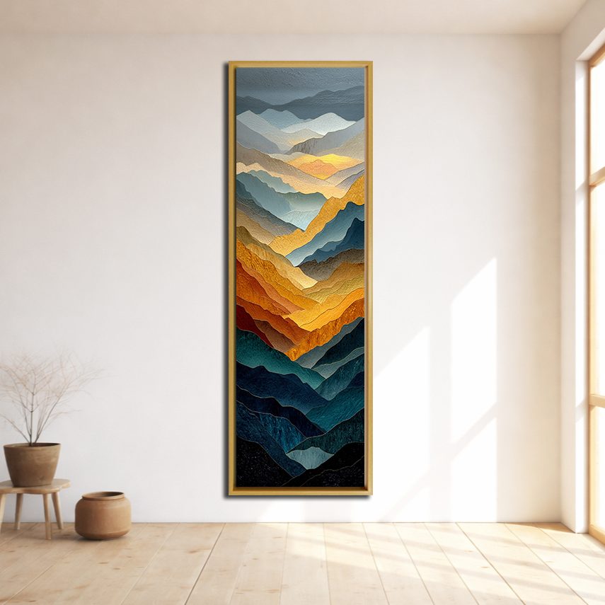 Golden and Blue Mountain Layers canvas wall art, natural wood floating frame