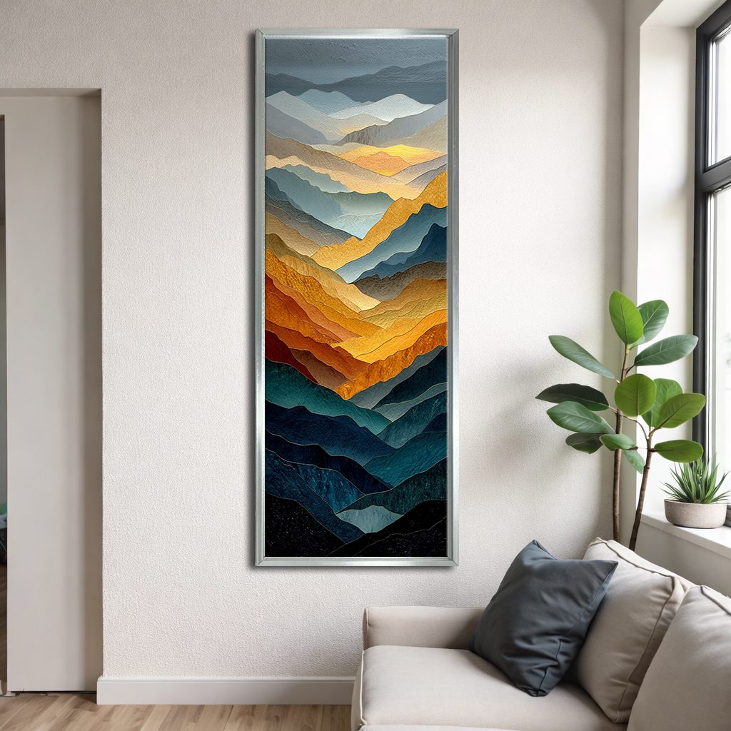 Golden and Blue Mountain Layers canvas wall art, silver floating frame