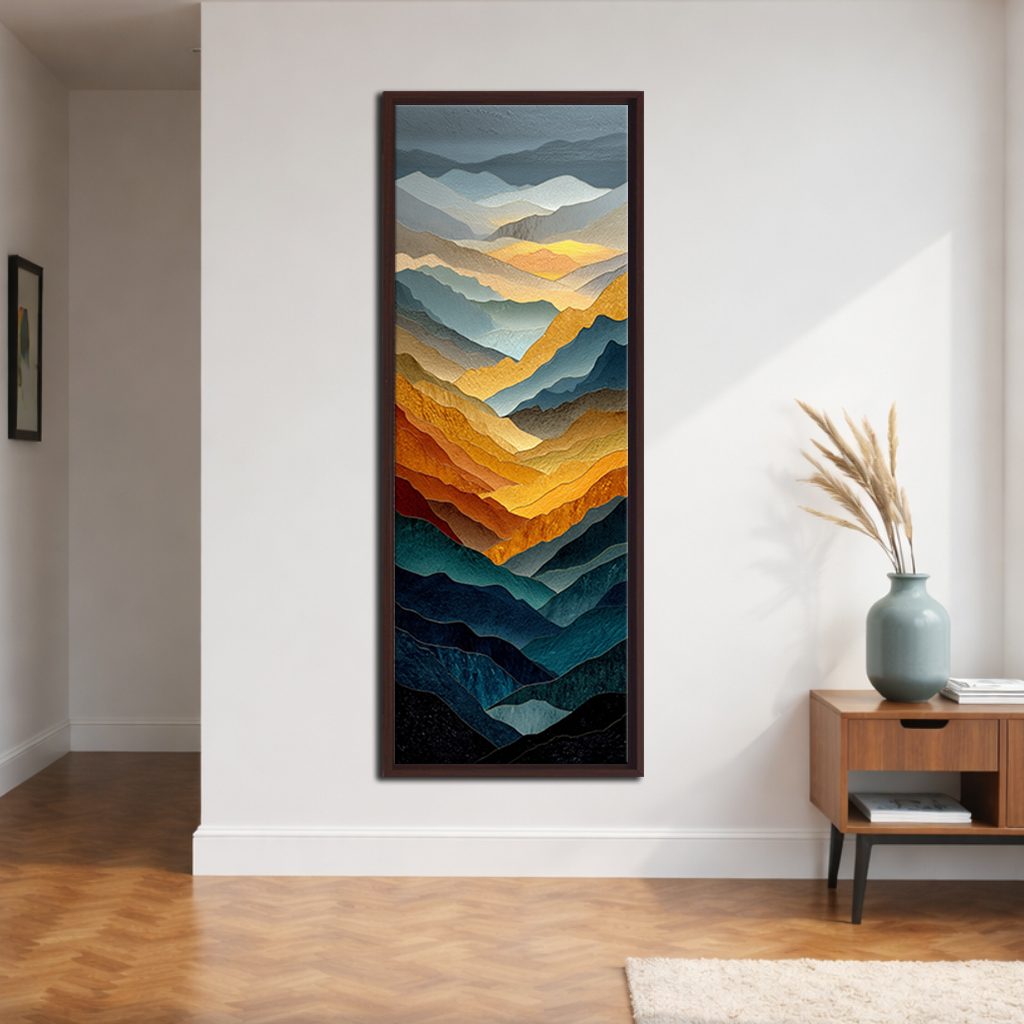 Golden and Blue Mountain Layers canvas wall art, walnut floating frame