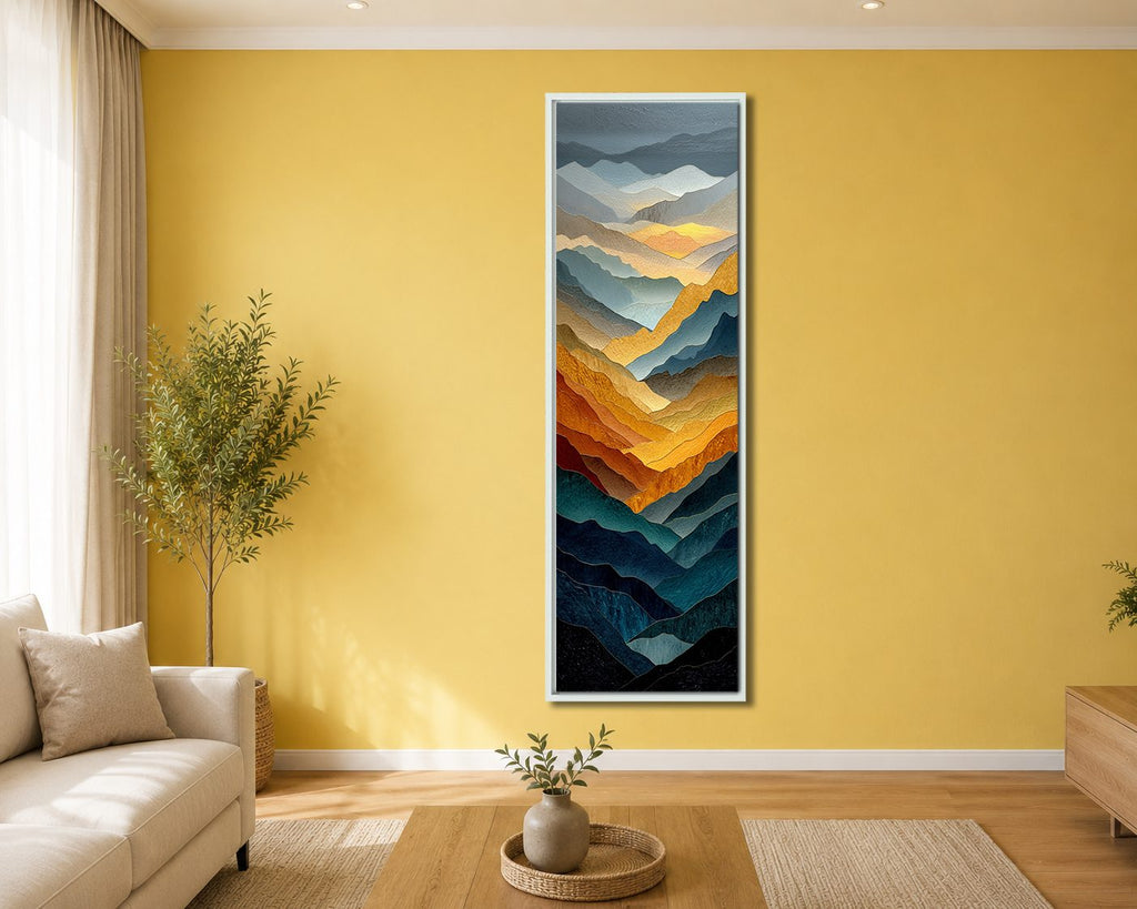 Golden and Blue Mountain Layers canvas wall art, white floating frame