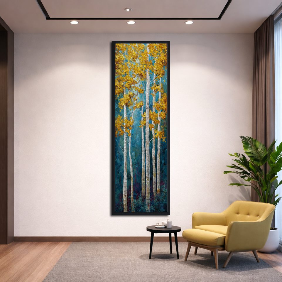 Golden Aspen Birch Trees canvas wall art, black floating frame