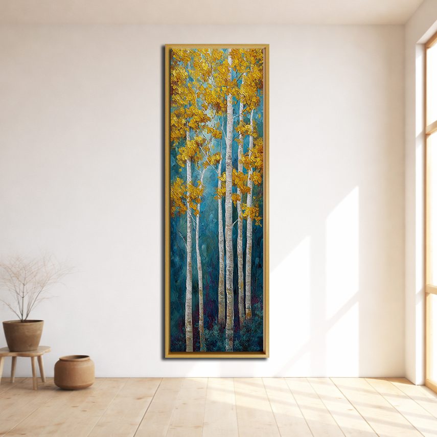 Golden Aspen Birch Trees canvas wall art, natural wood floating frame