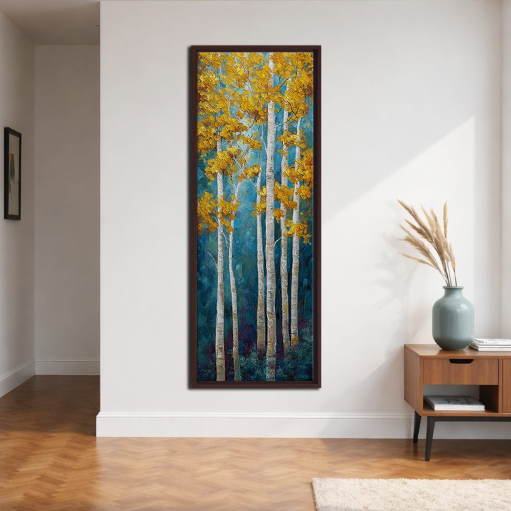 Golden Aspen Birch Trees canvas wall art, walnut floating frame