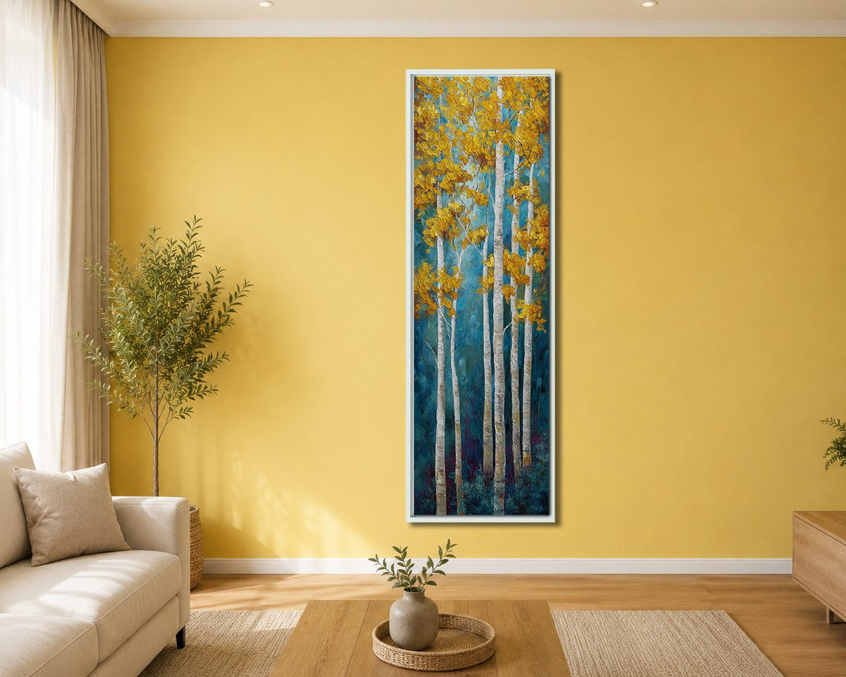 Golden Aspen Birch Trees canvas wall art, white floating frame
