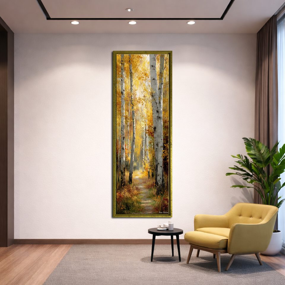 Golden Autumn Birch Path canvas wall art, gold floating frame