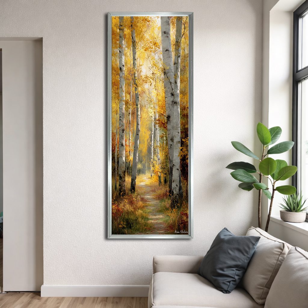 Golden Autumn Birch Path canvas wall art, silver floating frame