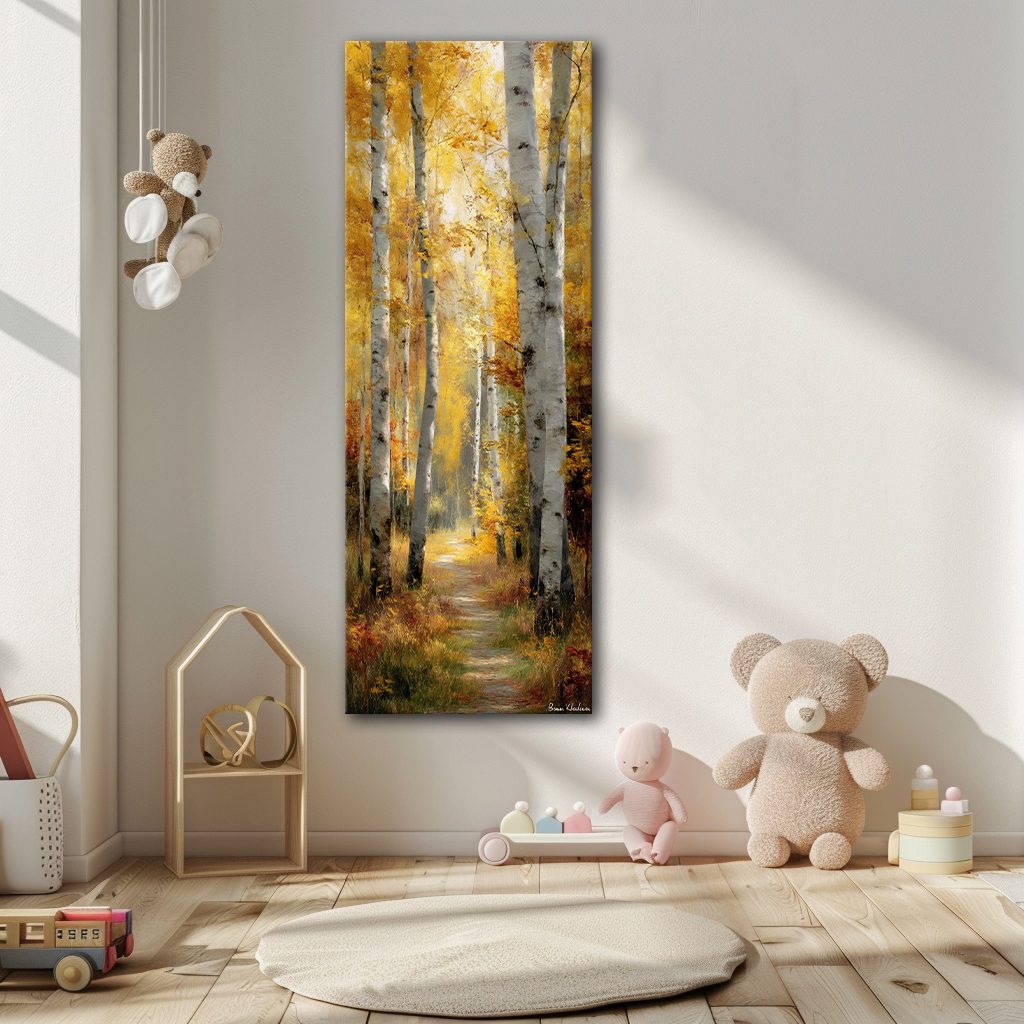 Golden Autumn Birch Path canvas wall art, unframed canvas