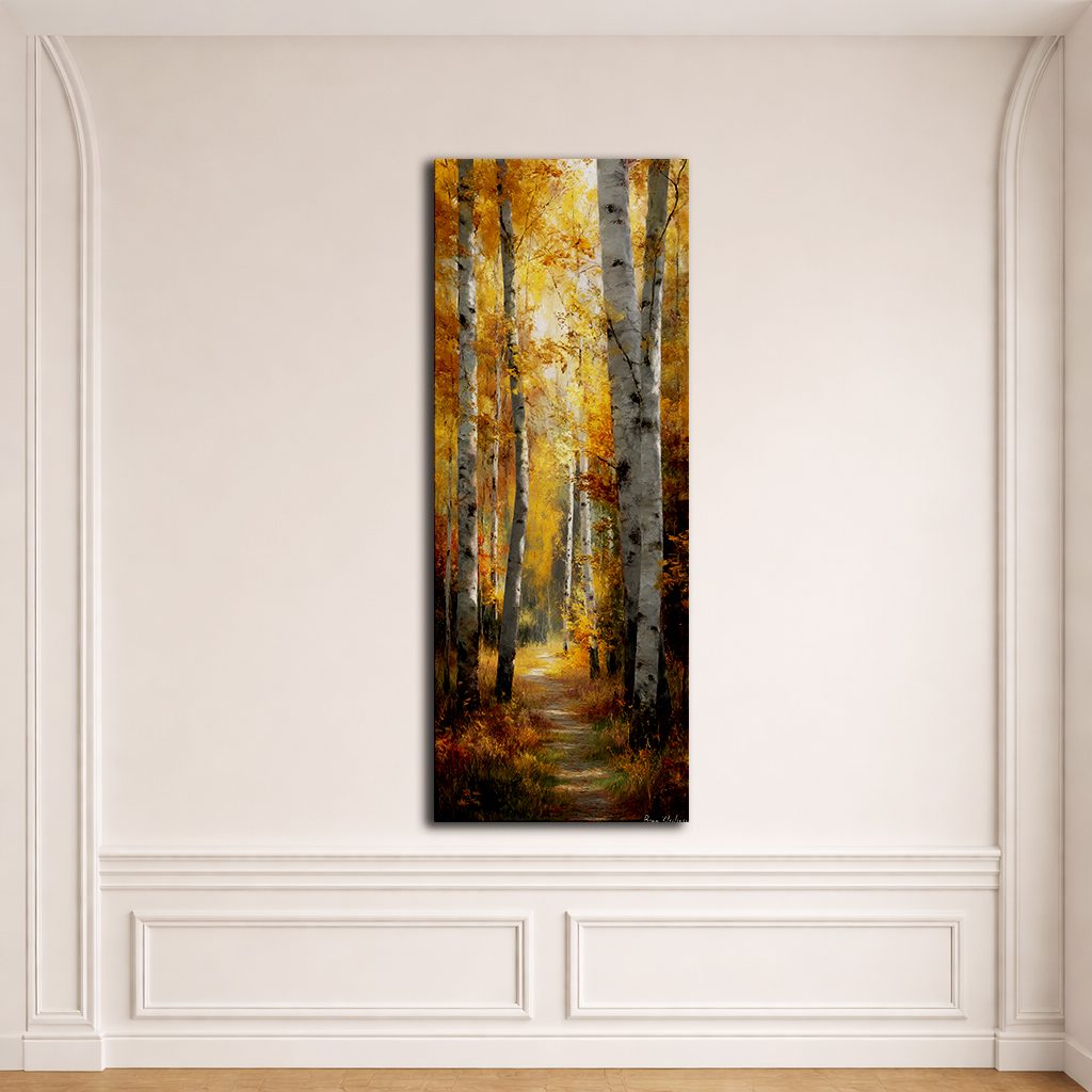 Golden Autumn Birch Path canvas wall art, unframed canvas
