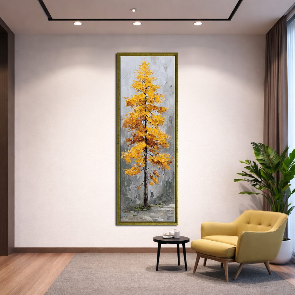 Golden Autumn Tree on Gray canvas wall art, gold floating frame