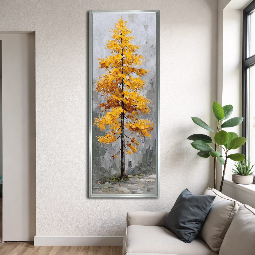Golden Autumn Tree on Gray canvas wall art, silver floating frame