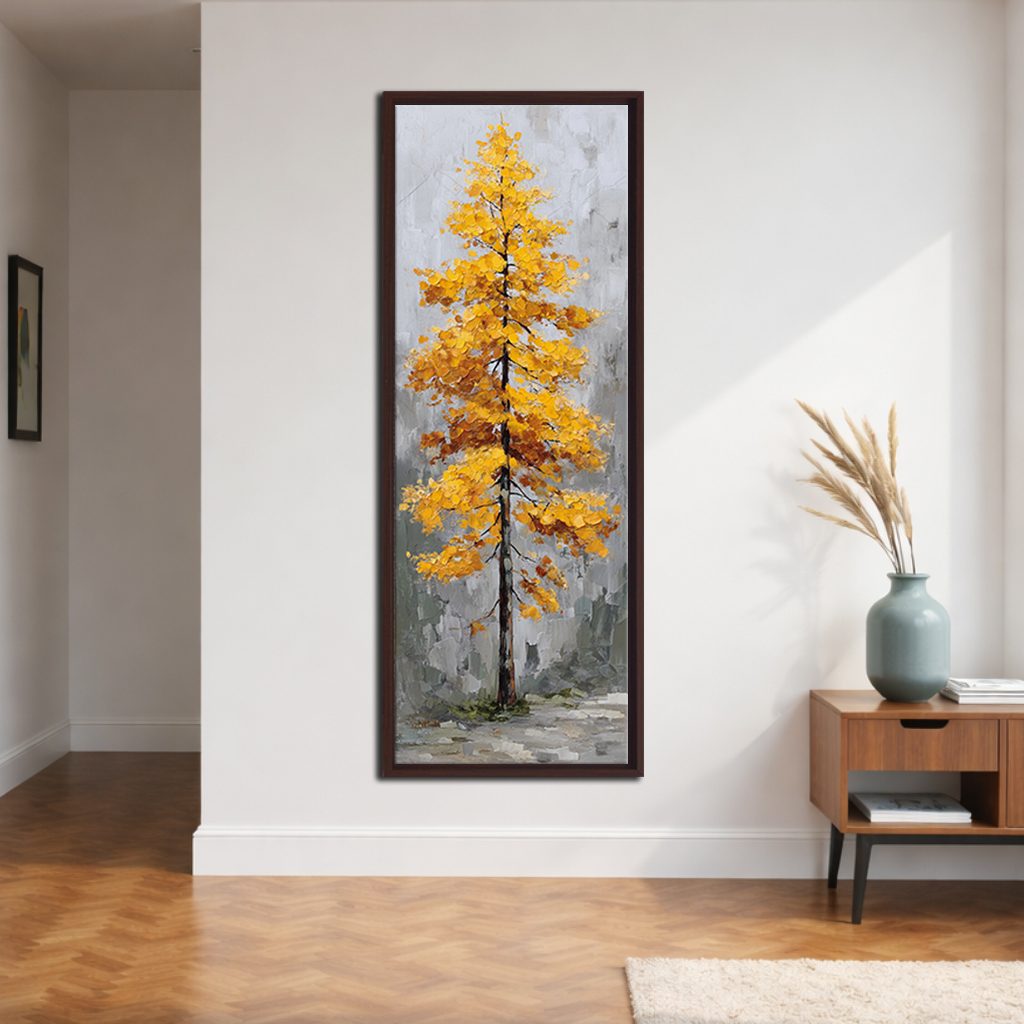 Golden Autumn Tree on Gray canvas wall art, walnut floating frame
